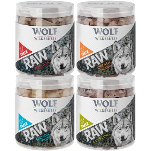 Wolf of Wilderness Mije&amp;scaron;ano pakiranje: - RAW grickalice (liofilizirane) - Mije&amp;scaron;ano pakiranje, 4 vrste (300 g) Slike