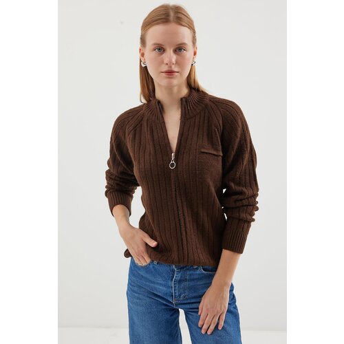 Bigdart 15880 Zippered Knitwear Cardigan - Brown Cene