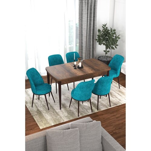 Hanah home trpezarijski set Via, sto na razvlačenje i 6 stolica, ploča u dekoru drveta Baroque, tirkizna tkanina Jerry Cene