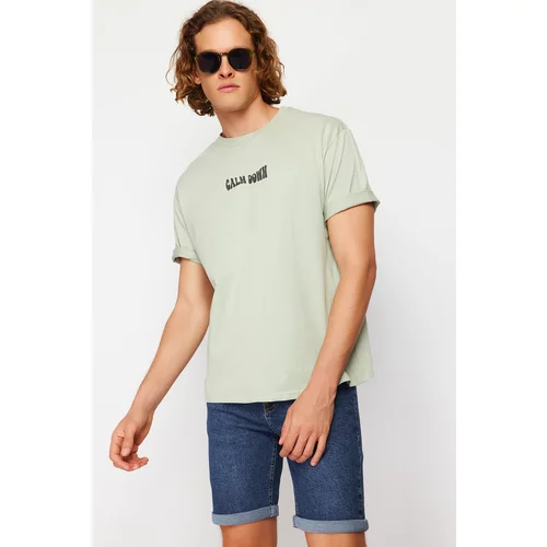 Trendyol Mint Men's Relaxed/Comfortable Cut Ribbed Text Back Printed 100% Cotton T-shirt