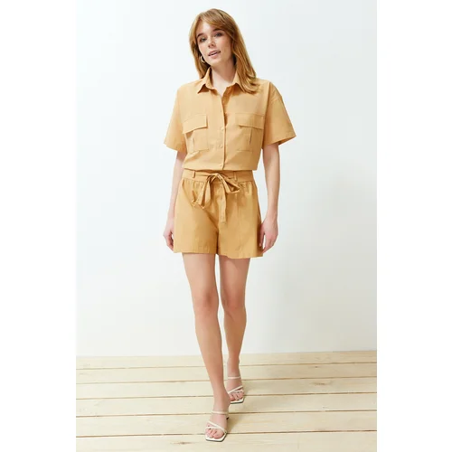 Trendyol Mustard Tie Detailed Cotton Woven Shorts