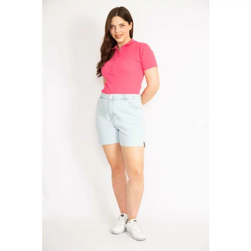 Şans Women's Blue Plus Size Denim Shorts with Ripped and Slit Detail