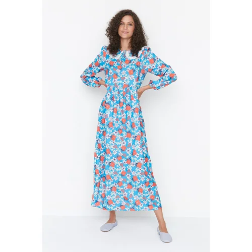 Trendyol Blue Baby Collar Floral Patterned Woven Dress