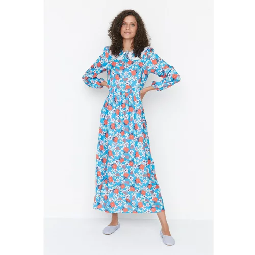 Trendyol Blue Baby Collar Floral Patterned Woven Dress