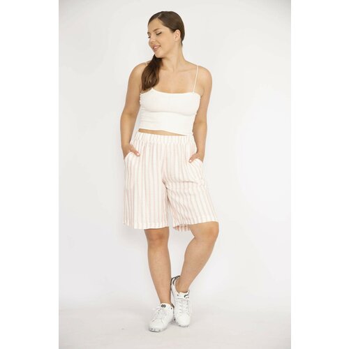 Şans Women's Pink Plus Size Striped Linen Woven Fabric Shorts with Elastic Waist Pockets Slike