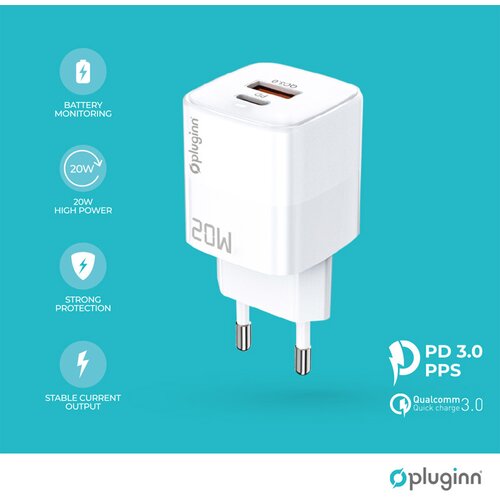 Pluginn Kućni punjač PI-D73, QC3.0 PD3.0, PPS, USB-PD 18W+20W, 38W (total) sa PD iPhone lightning kablom beli Cene