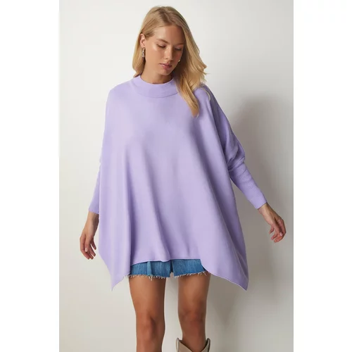 Happiness İstanbul Women's Lilac Side Slits Oversized Poncho Sweater