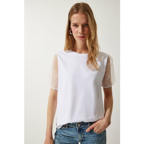 Happiness İstanbul Women's White Sleeve Tulle Detailed Knitted T-Shirt Slike