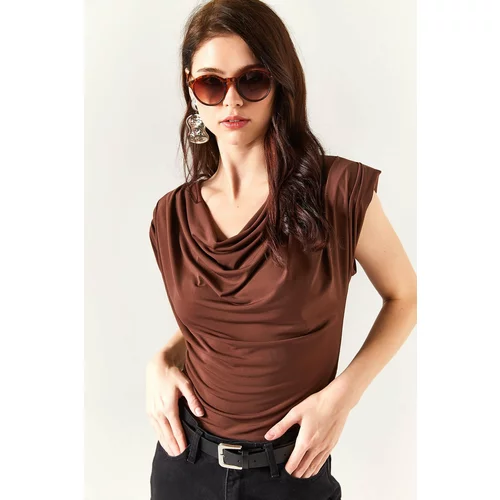 Olalook Women's Dark Brown Padded Plunging Collar Flowy Blouse