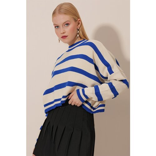 HAKKE Striped Bagel Collar Knitwear Crop Sweater Slike