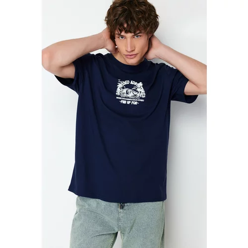Trendyol Navy Blue Men's Relaxed/Casual Cut Crew Neck Fluffy Landscape Printed 100% Cotton T-Shirt
