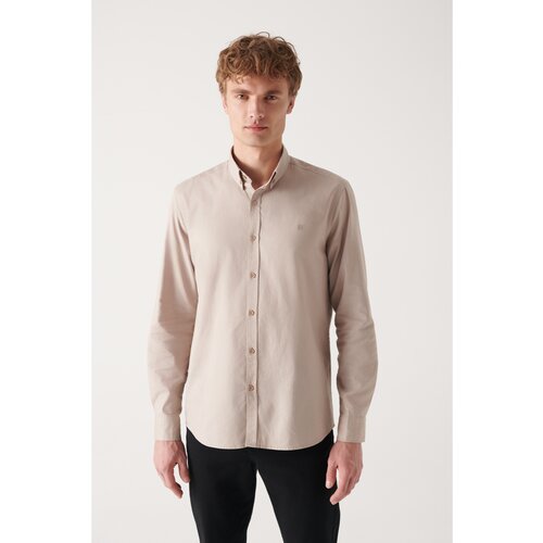 Avva Men's Beige Oxford 100% Cotton Buttoned Collar Standard Fit Regular Cut Shirt Slike