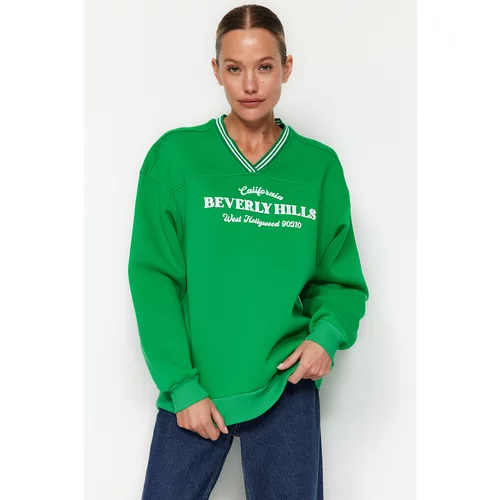 Trendyol Green Oversize/Wide Fit Knitwear Detailed with a tagline, Fleece Inside Knitted Sweatshirt
