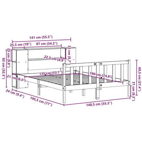 vidaXL Krevet s regalom za knjige bez madraca 135 x 190 cm od borovine Cene