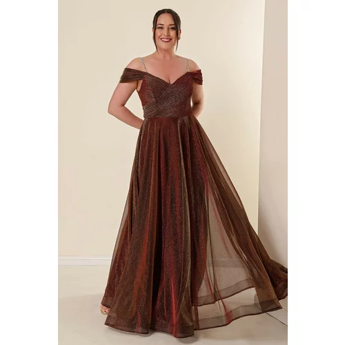 By Saygı The Straps and Low Sleeves are Lined, Wide body, Long Glittery Dress Gold-copper
