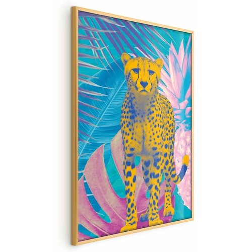  Plakat - Exotic Leopard - colorful portrait of a cheetah against tropical leaves 21x30 Zlatni okvir Cijene