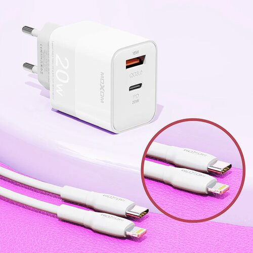  Kućni punjač Moxom MX-HC134 Fast Charge QC 18W PD20W sa kablom Type-C na iPhone Lightning beli Cene