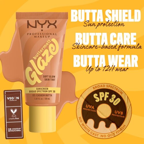 NYX Professional Makeup Buttermelt Glaze Soft Glow Skin Tint SPF30 puder za vse tipe kože 30 ml odtenek 03 Cashew Butta Slike