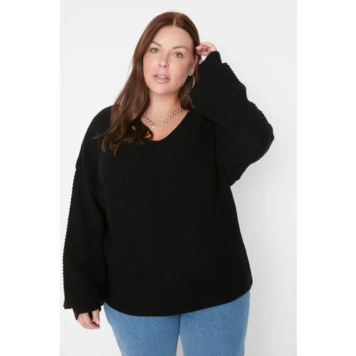 Trendyol Curve Black V-Neck Off Shoulder Knitwear Sweater