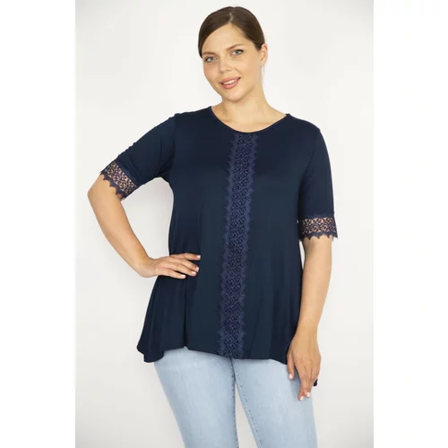 Şans Women's Navy Blue Plus Size Lace Sleeves And Middle Front Blouse