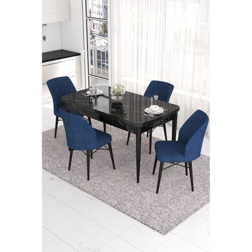 Hanah home trpezarijski set Eva, sto na razvlačenje i 4 stolice, ploča u dekoru crnog mermera, teget tkanina Babyface Cene