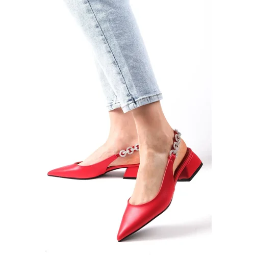 Mio Gusto Sophie Red Women's Short Heeled Shoes with Open Back Stone Band.