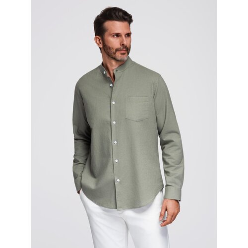 Ombre Men's linen shirt with stand-up collar and pocket REGULAR FIT - khaki Cene
