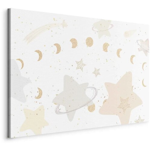  Slika - Fairy-Tale Galaxy - Phases of the Moon in Yellow Tones Among Stars in Beige and Ash Colors with Stardust 90x60 Na talija Cene