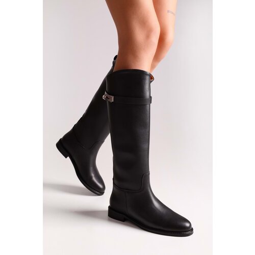 Shoeberry Women&amp;#039;s Larissa Black Leather Buckled Riding Boots Black Leather Slike