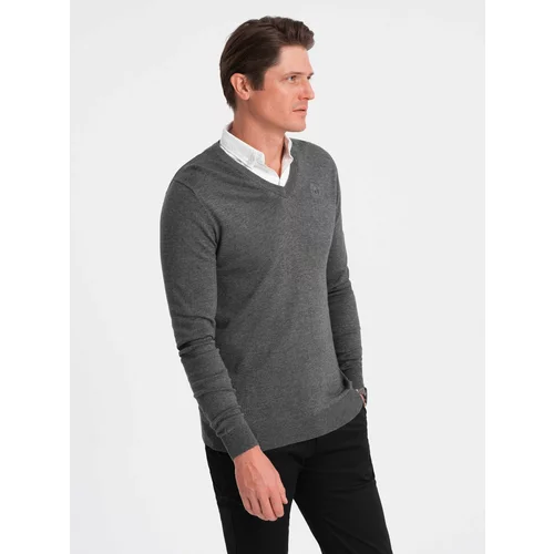 Ombre Men's sweater with a "v-neck" neckline with a shirt collar - graphite