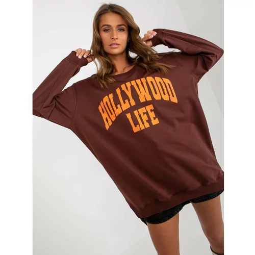 Fashion Hunters Dark brown and orange oversized long sweatshirt with a slogan