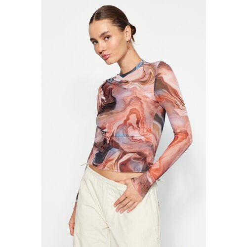 Trendyol Brown Patterned Draped Knitted Blouse with Sheer Transparent Back Fitted/Plastic Wear Cene