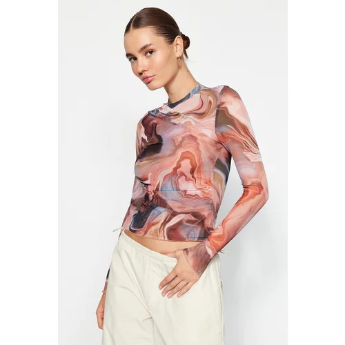 Trendyol Brown Patterned Draped Knitted Blouse with Sheer Transparent Back Fitted/Plastic Wear
