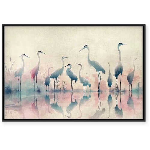  Slika - Birds by the lake - herons painted in watercolour in delicate grey and pink colours 60x40 U crnom drvenom okviru Slike