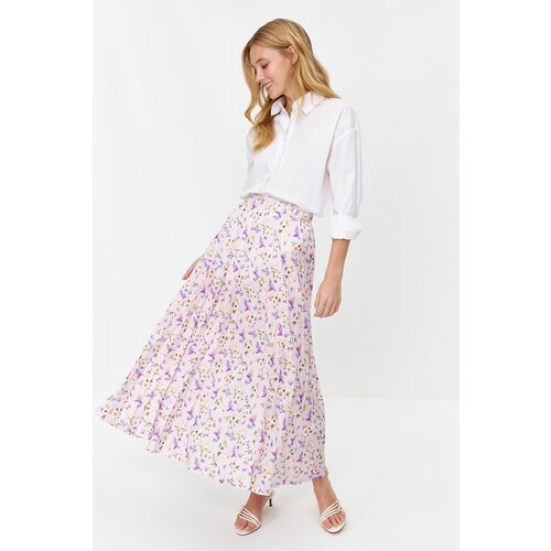 Trendyol Powder Flower Patterned Pleated Woven Skirt with Elastic Waist Slike