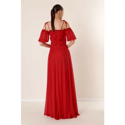 By Saygı Pleated Collar With Balloon Sleeves Lined Glittery Long Dress Red