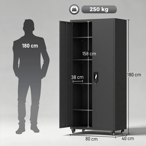  Metalni ormar za spise s kotačićima koji se može zaključati 5 podesivih polica izrađen od čelika 80 x 40 x 180 cm crni Slike