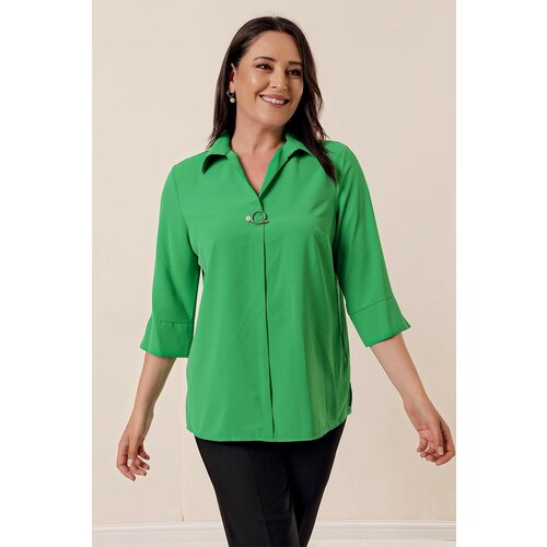 By Saygı Green Polo Neck With Brooch Quarter Sleeve Plus Size Blouse Cene