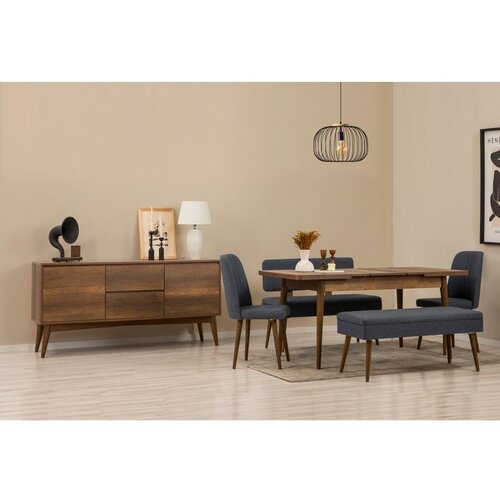Hanah home Vina Bench 04 1048 - Walnut, Dark Blue WalnutDark Blue Extendable Dining Table, Chairs & Console Set (6 Pieces) Cene