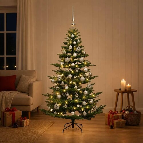  Umjetno božićno drvce s kuglicom 150 cm 150 LED lampica - Zelena 150 cm s LED-ima i srebrnim lopticama Slike
