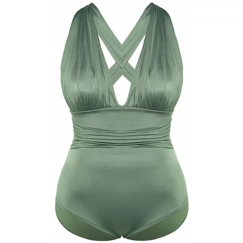 Trendyol Curve Plus Size Swimsuit - Green - Plain