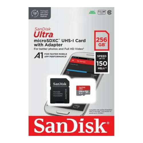 Sandisk SDXC 256GB ultra mic.150MB/s A1 class10 UHS-I + adapapter Slike