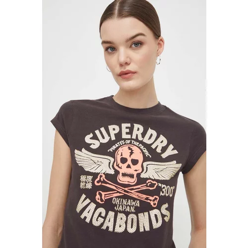 Superdry Bombažna kratka majica ženski, rjava barva