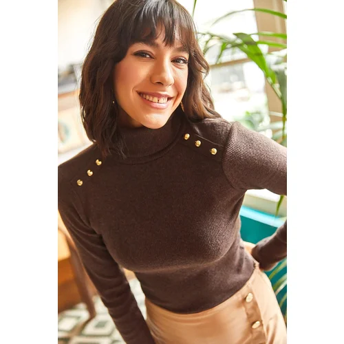 Olalook Women's Bitter Brown Shoulder Button Detailed Turtleneck Raised Sweater