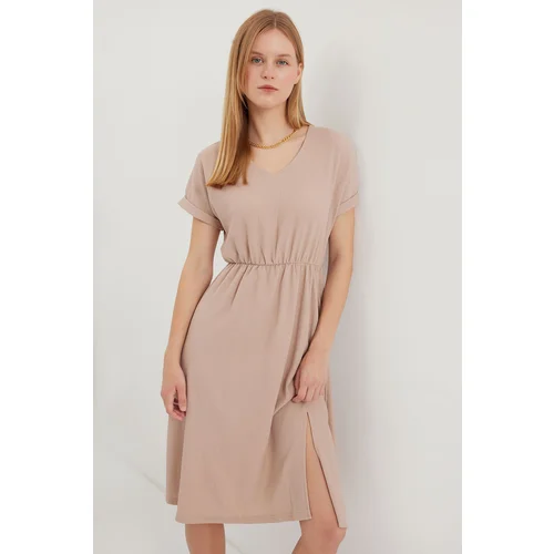 Bigdart 2378 V Neck Slit Knitted Dress - Biscuit