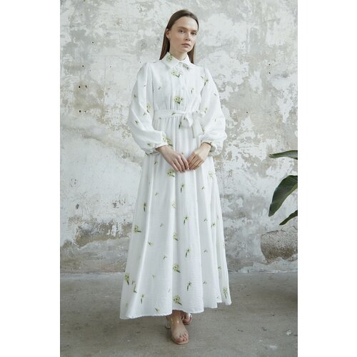 InStyle Floral Embroidered Linen Dress - White Cene