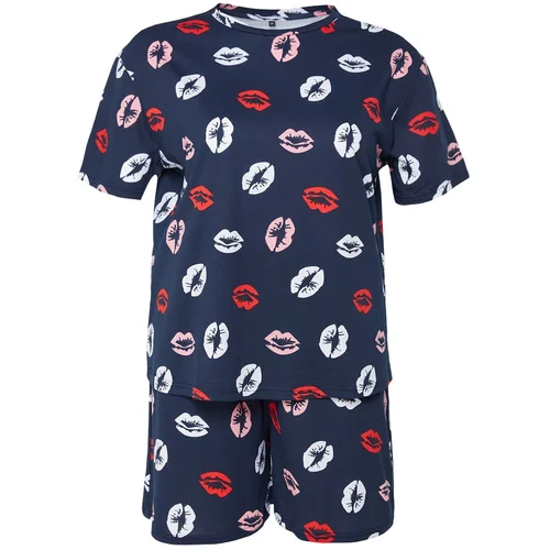 Trendyol Curve Navy Blue Patterned Knitted Pajama Set