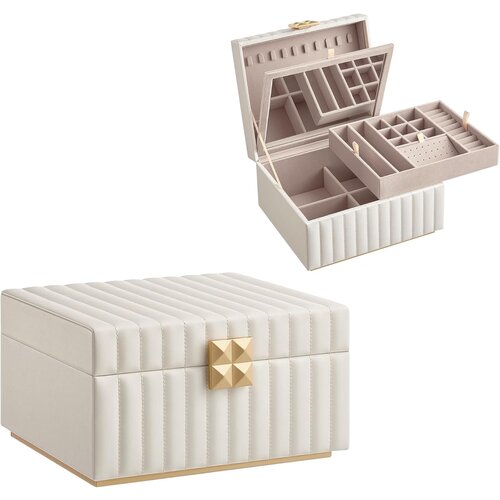 Songmics Zbirka HOME ANAH 2-nivojska zrcalna &amp;scaron;katla za nakit, organizator nakita, odstranljiv pladenj, &amp;scaron;ivana PU povr&amp;scaron;ina, lebdeči učinek, 8,5 x 9,4 x 5,3 palca, darilo,, (21671176) Slike