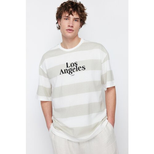 Trendyol Stone Men's Oversize Striped City Printed 100% Cotton T-Shirt Slike