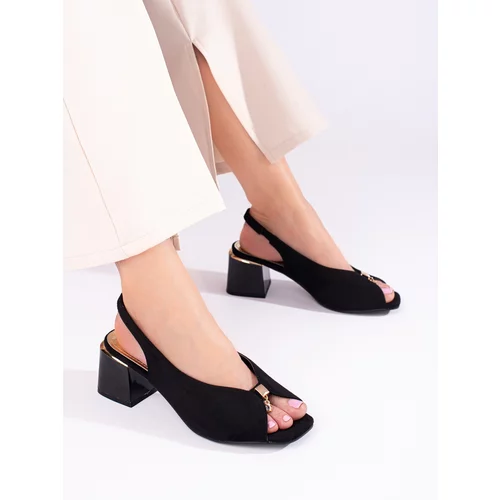 SHELOVET Black elegant women's suede sandals on the post
